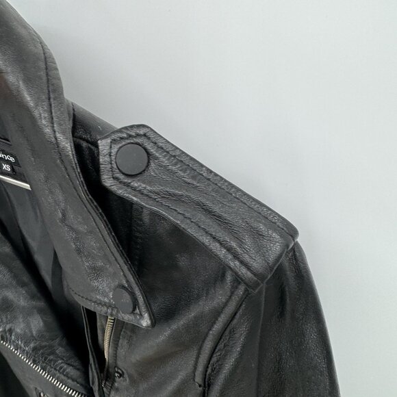 Quince Women's Black Leather Motorcycle Jacket size XS Sheep Leather Belted - Picture 5 of 9